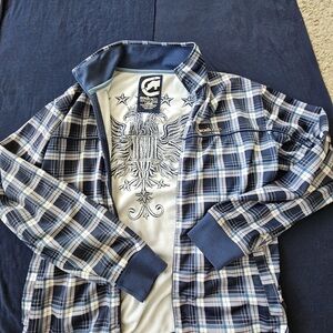ECKO Unltd Mens Size XL Long Sleeve Full Zip Embroidered Plaid Sweater